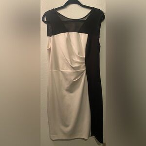 Sandra Darren Black and White Ruched Midi Dress‎ Size 13 With Sheer Top